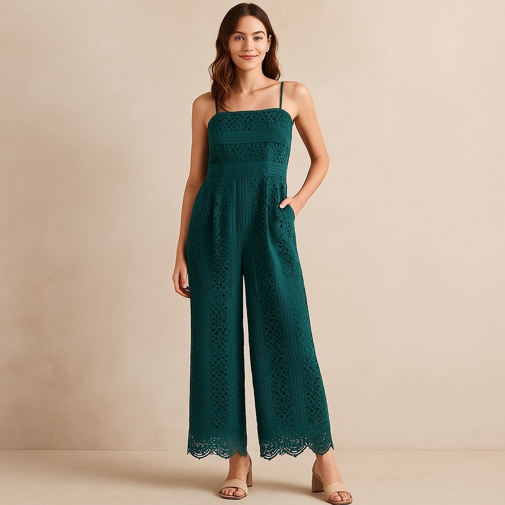 GREYLIN Emerald Lace Jumpsuit Women’s Size S, Lined Formal Wide-Leg